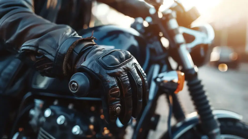 A person's hand wearing a leather motorcycle glove on the handlebars of a motorcycle.