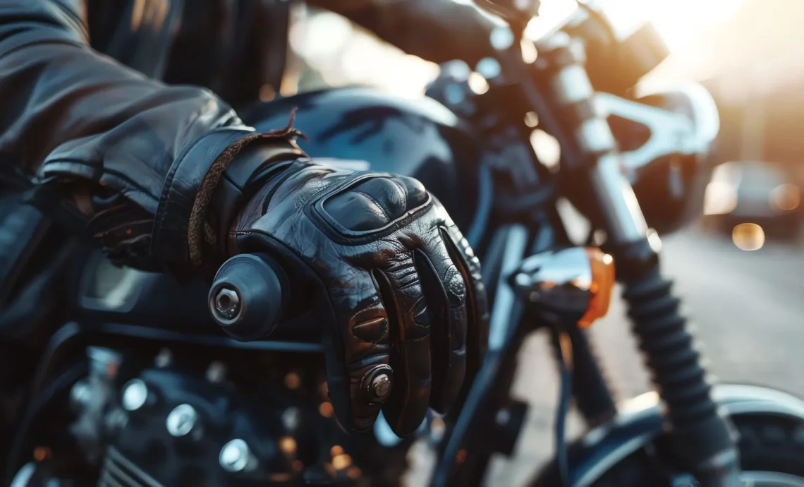 A person's hand wearing a leather motorcycle glove on the handlebars of a motorcycle.